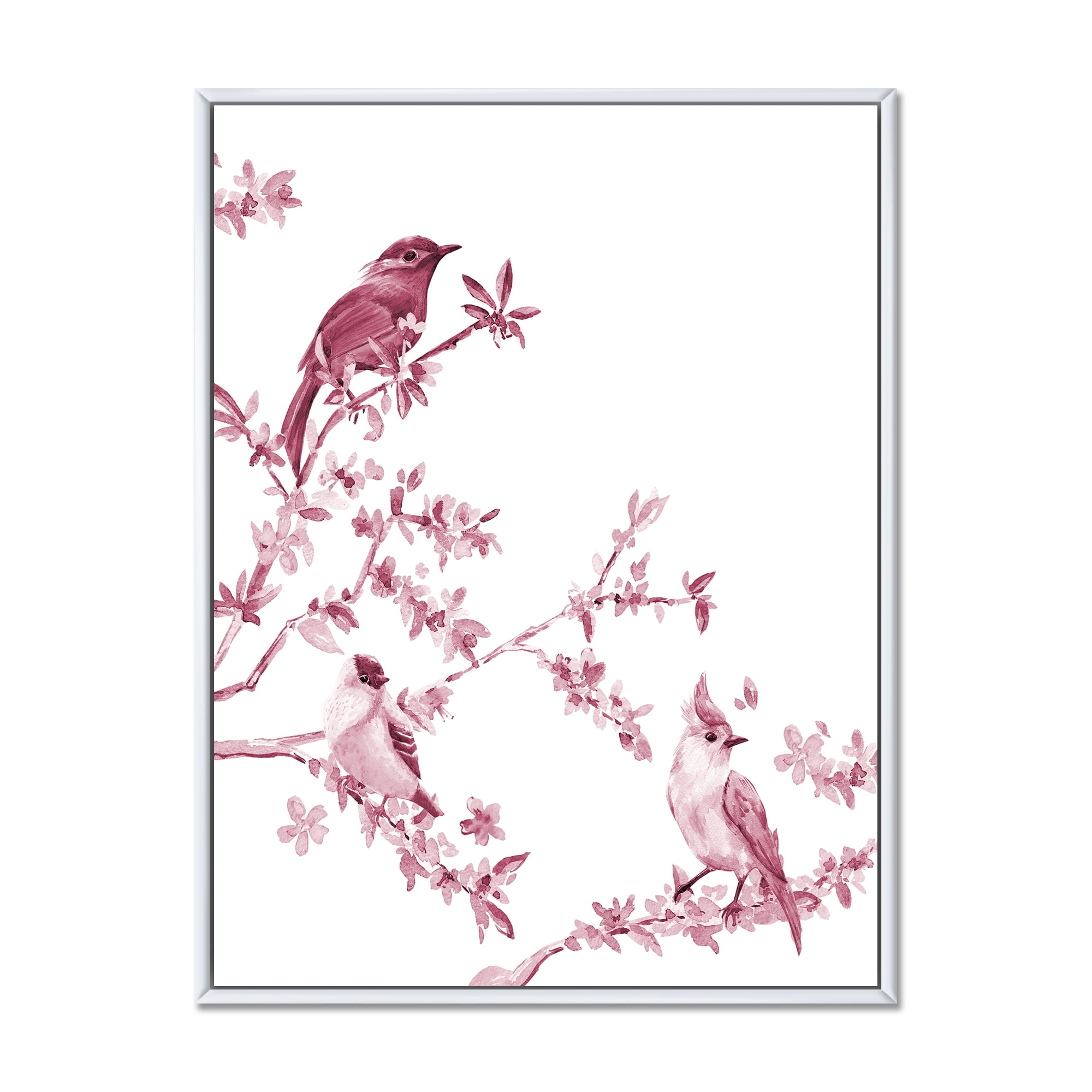 Designart 'Beautiful Pink Birds Sitting On Flowering Branches' Traditional Framed Canvas Wall Art Print