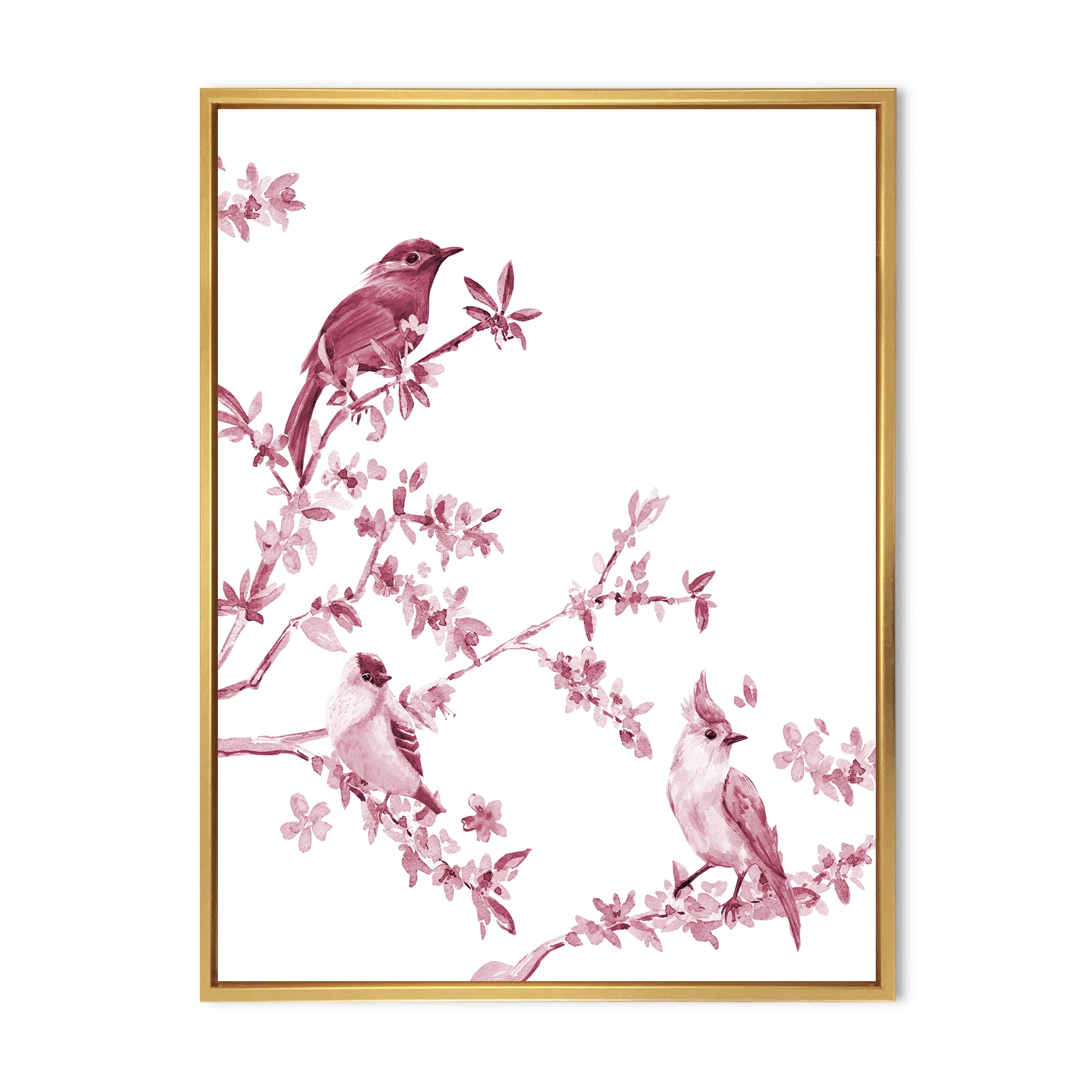 Designart 'Beautiful Pink Birds Sitting On Flowering Branches' Traditional Framed Canvas Wall Art Print