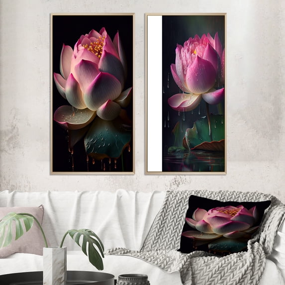 Designart "Beautiful Pink Lotus Blossoming Elegance I" Lotus Framed Wall Art Set Of 2 - Modern Pink Framed Wall Art Set Of 2