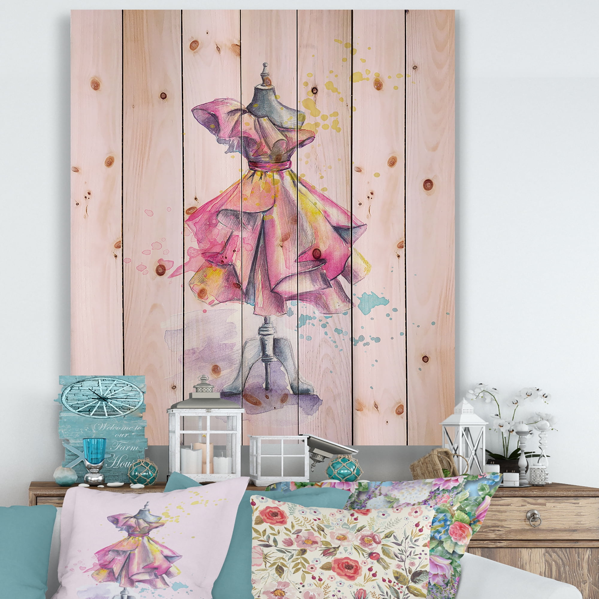Designart 'Beautiful Purple Dress With Folds On Fashion Mannequin' French Country Print on Natural Pine Wood