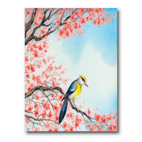 Designart ' Beautiful Red Bird Sitting On Flowering Branch I ' Traditional Canvas Wall Art Print