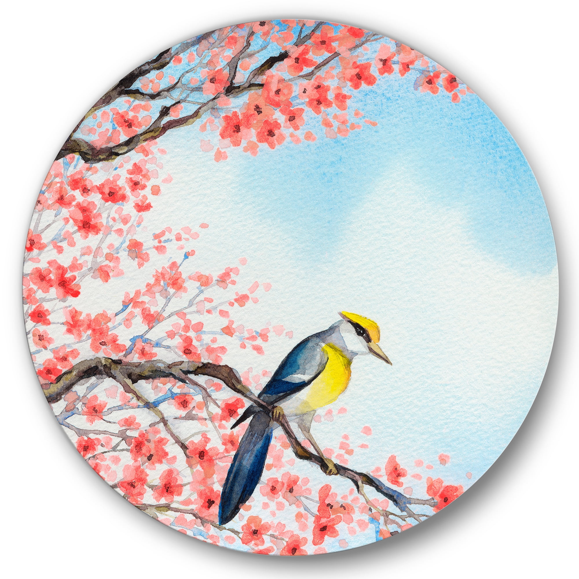 Designart 'Beautiful Red Bird Sitting On Flowering Branch I' Traditional Circle Metal Wall Art 23x23 - Disc of 23