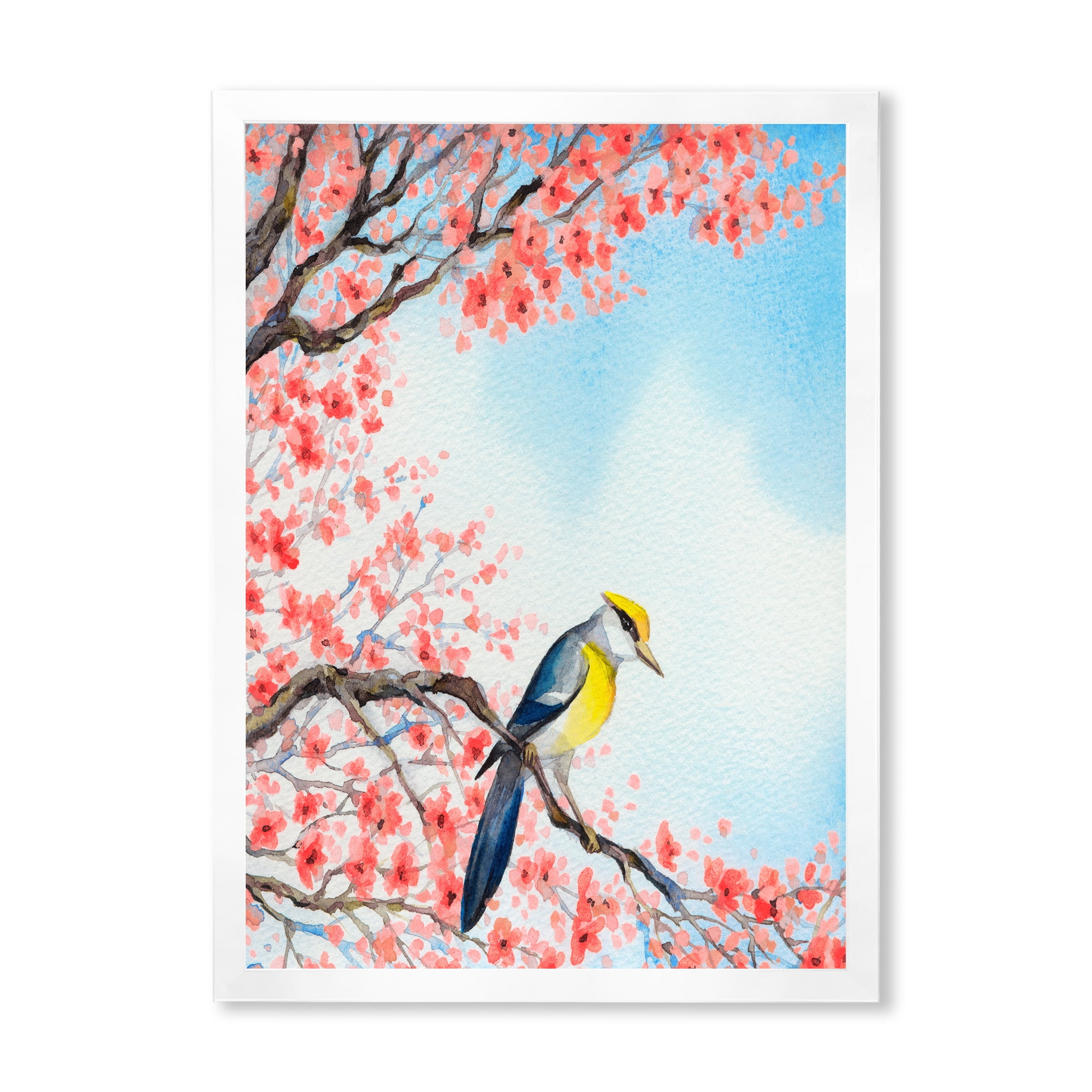 Designart 'Beautiful Red Bird Sitting On Flowering Branch I' Traditional Framed Art Print
