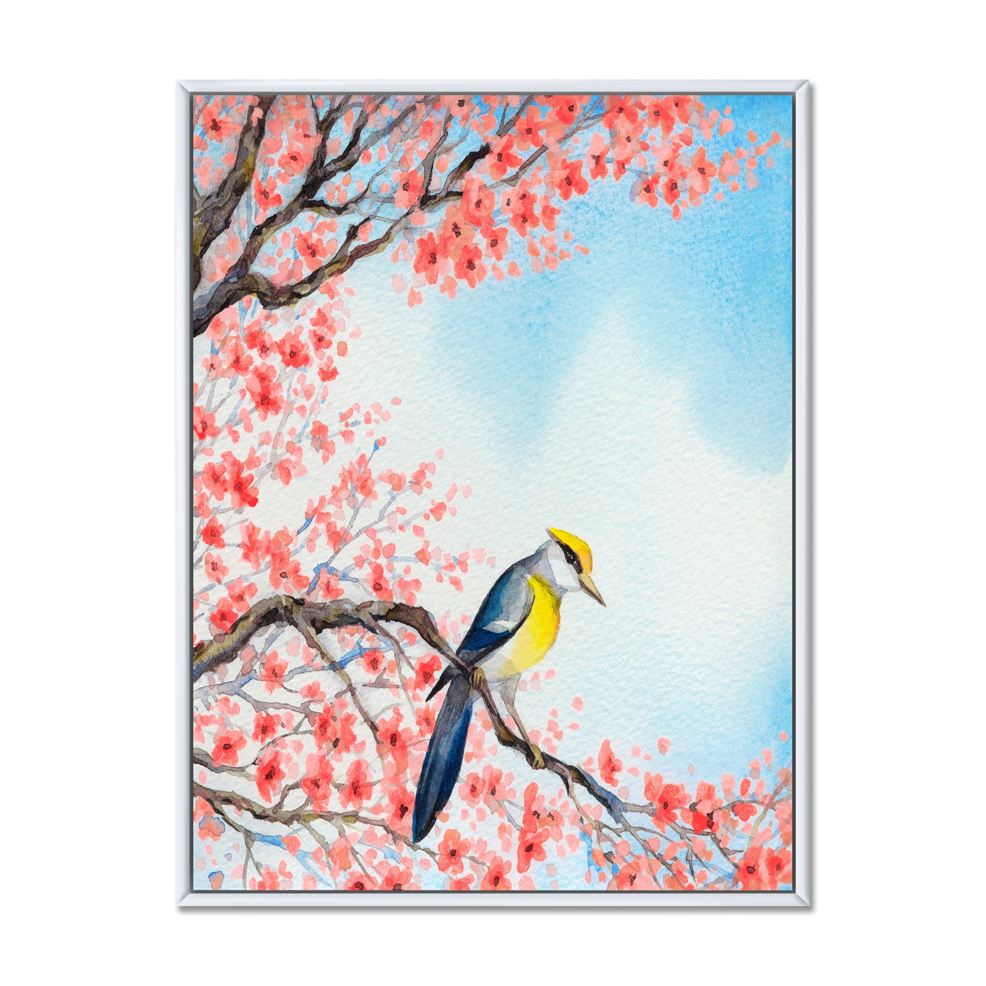 Designart 'Beautiful Red Bird Sitting On Flowering Branch I' Traditional Framed Canvas Wall Art Print