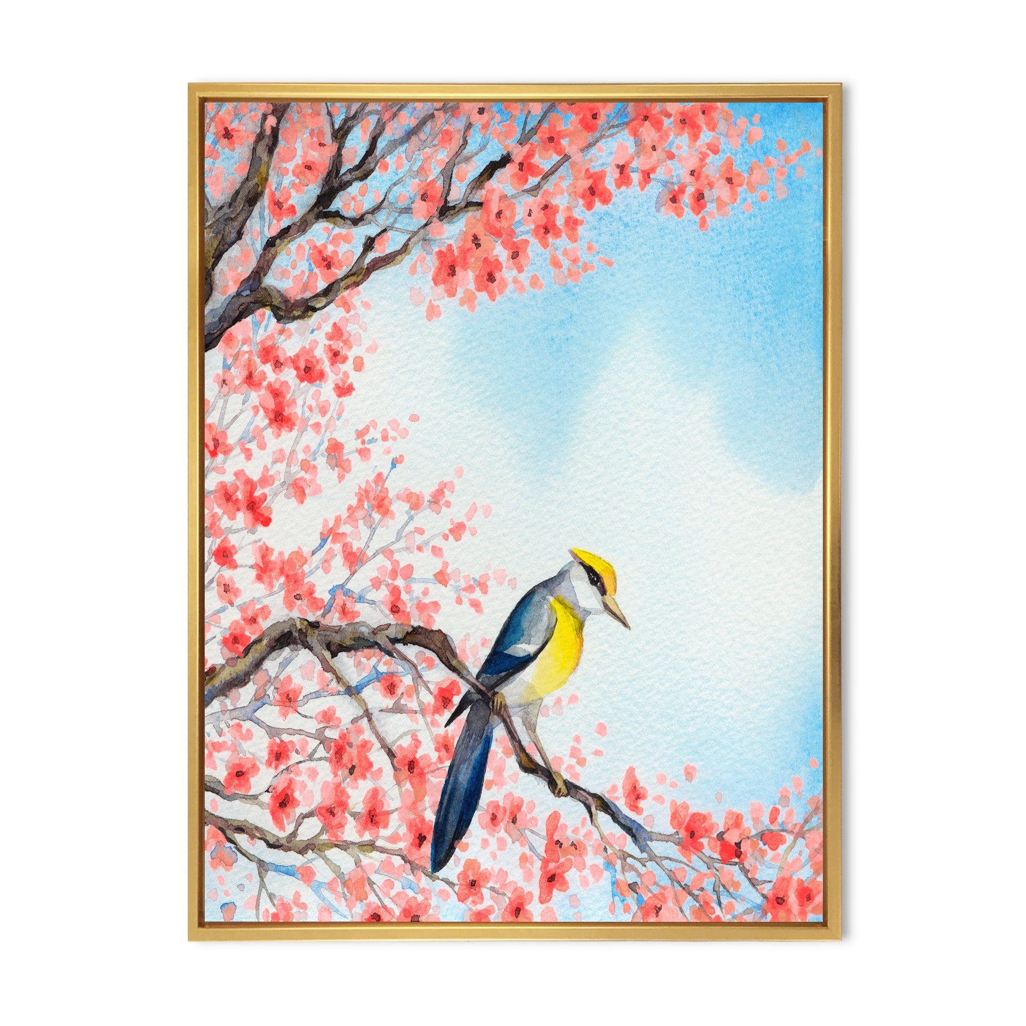 Designart 'Beautiful Red Bird Sitting On Flowering Branch I' Traditional Framed Canvas Wall Art Print