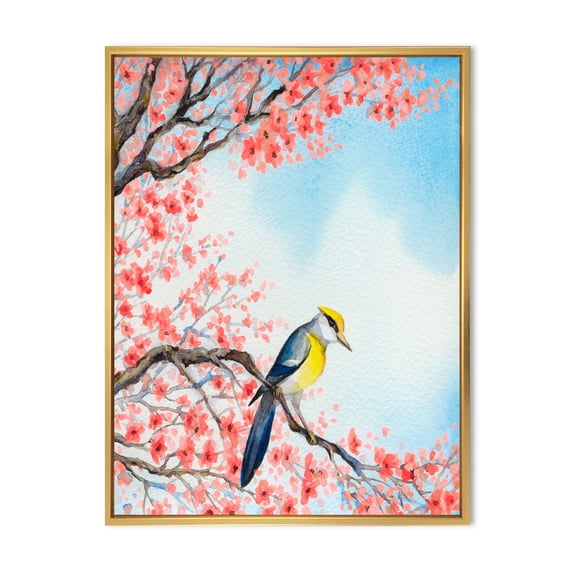 Designart 'Beautiful Red Bird Sitting On Flowering Branch I' Traditional Framed Canvas Wall Art Print