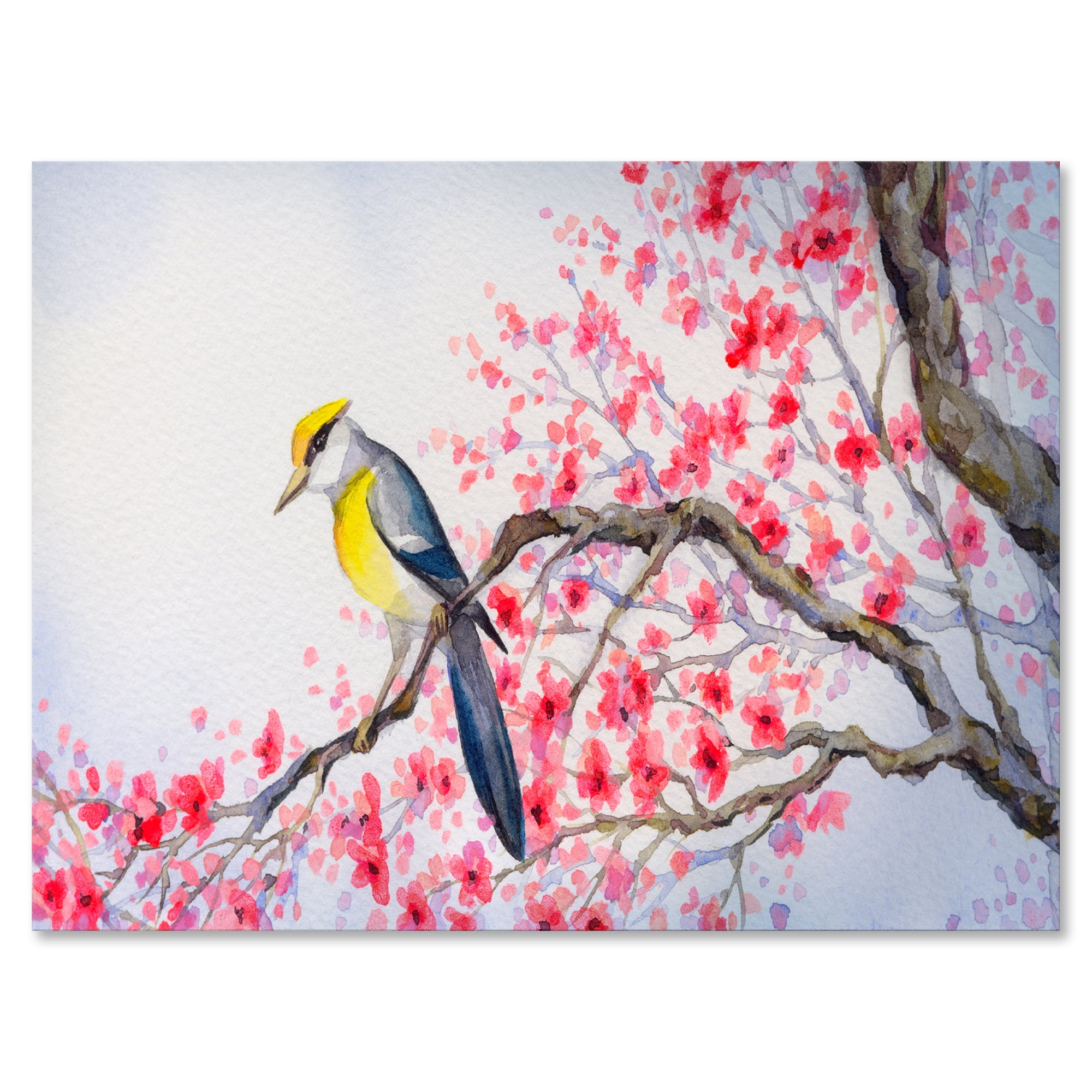 Designart ' Beautiful Red Bird Sitting On Flowering Branch II ' Traditional Canvas Wall Art Print