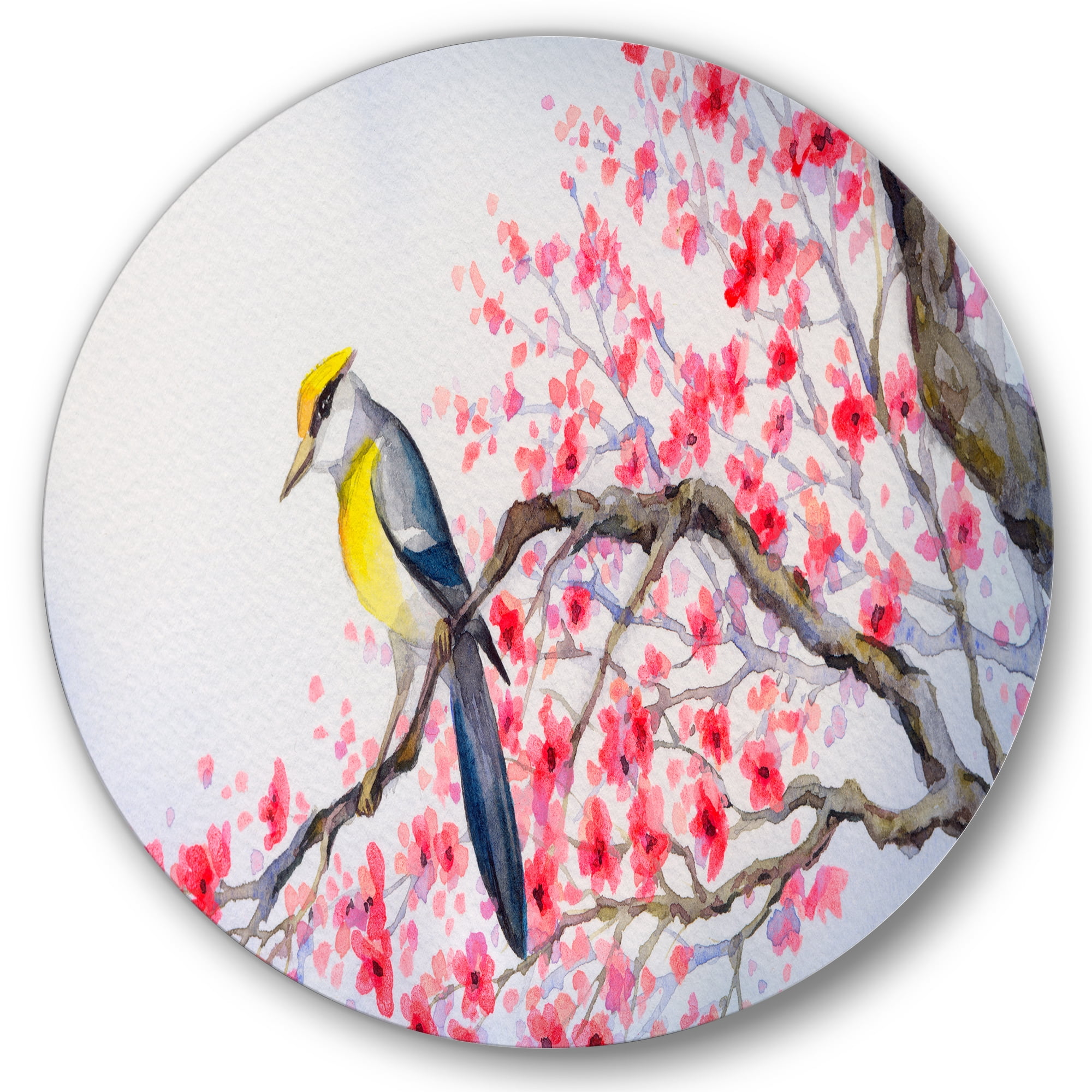 Designart 'Beautiful Red Bird Sitting On Flowering Branch II' Traditional Circle Metal Wall Art 11x11 - Disc of 11