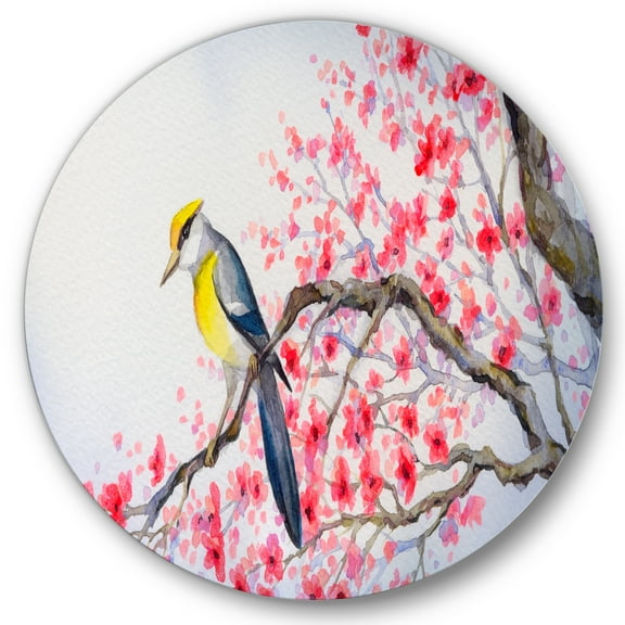 Designart 'Beautiful Red Bird Sitting On Flowering Branch II' Traditional Circle Metal Wall Art 36x36 - Disc of 36