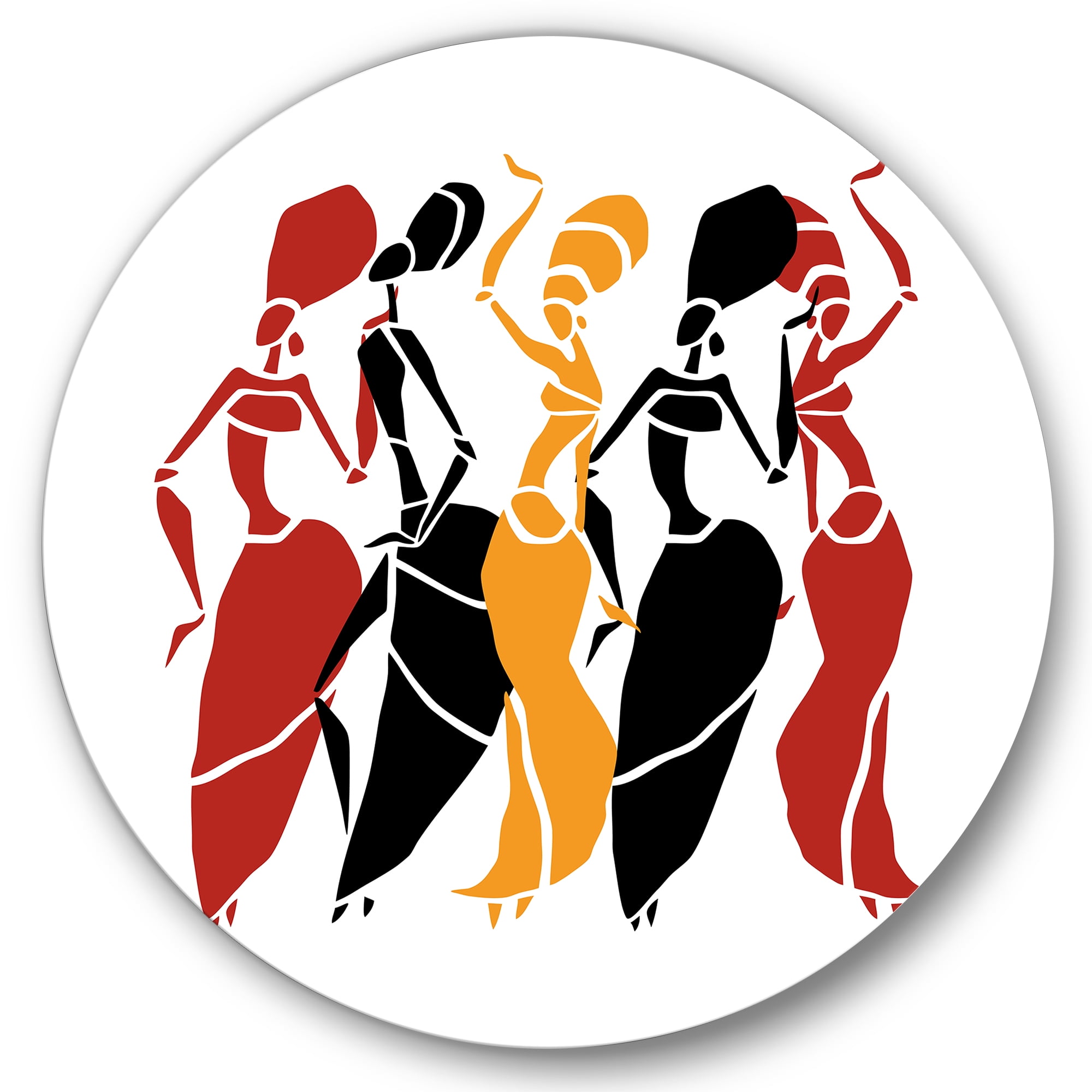 Designart 'Beautiful Red Black and Yellow Dancers Afro American Silhouettes' Modern Circle Metal Wall Art 29x29 - Disc of 29