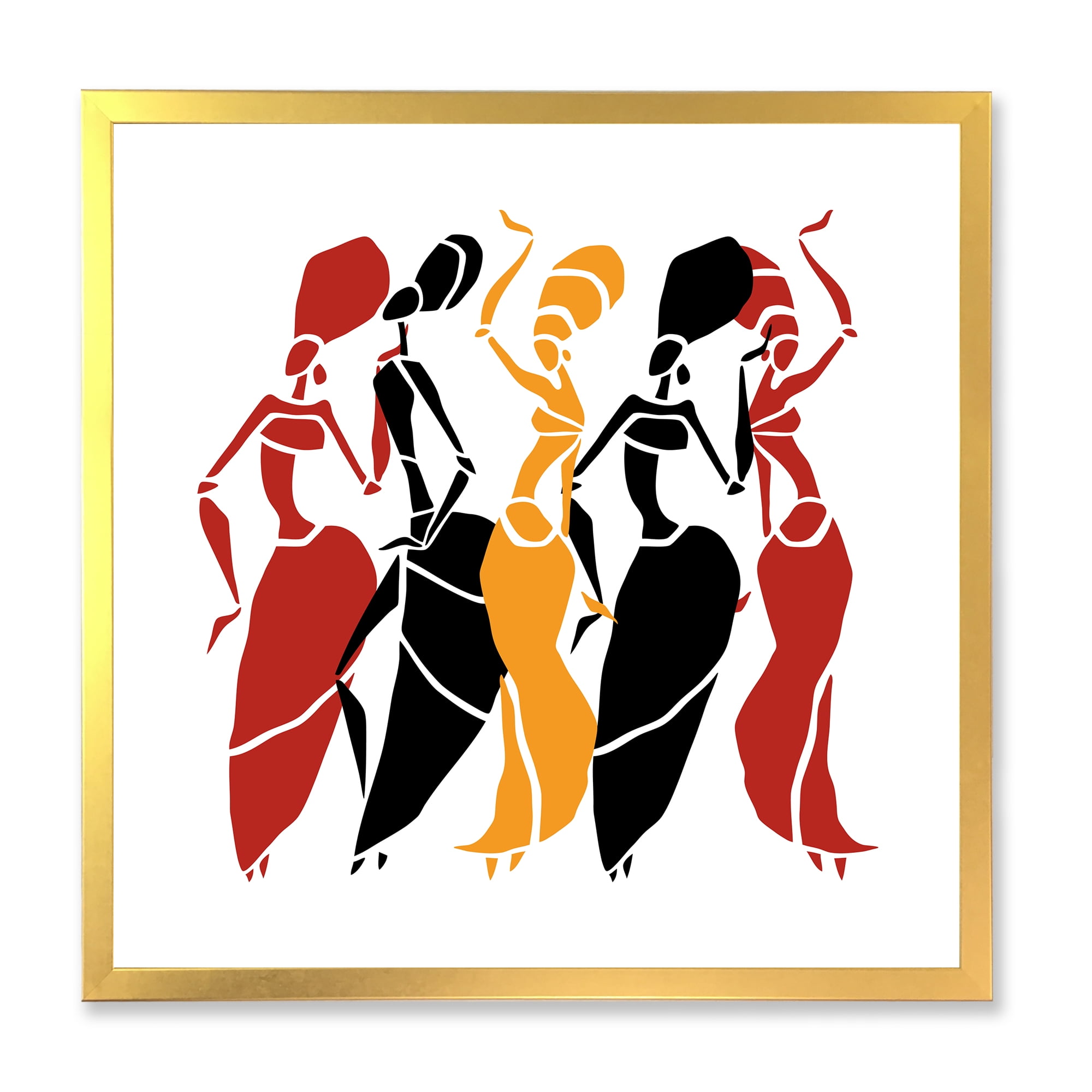 Designart 'Beautiful Red Black and Yellow Dancers Afro American Silhouettes' Modern Framed Art Print