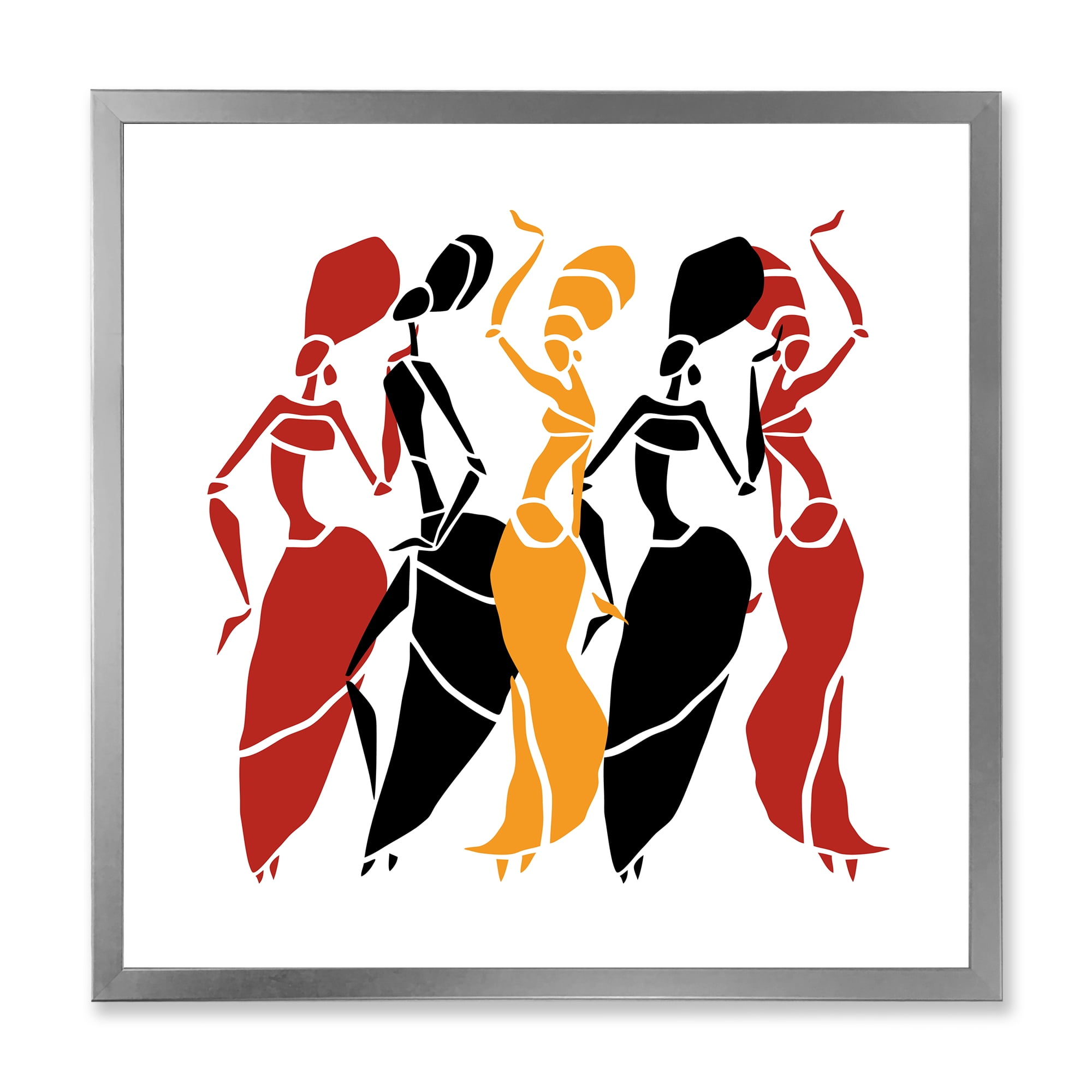 Designart 'Beautiful Red Black and Yellow Dancers Afro American Silhouettes' Modern Framed Art Print