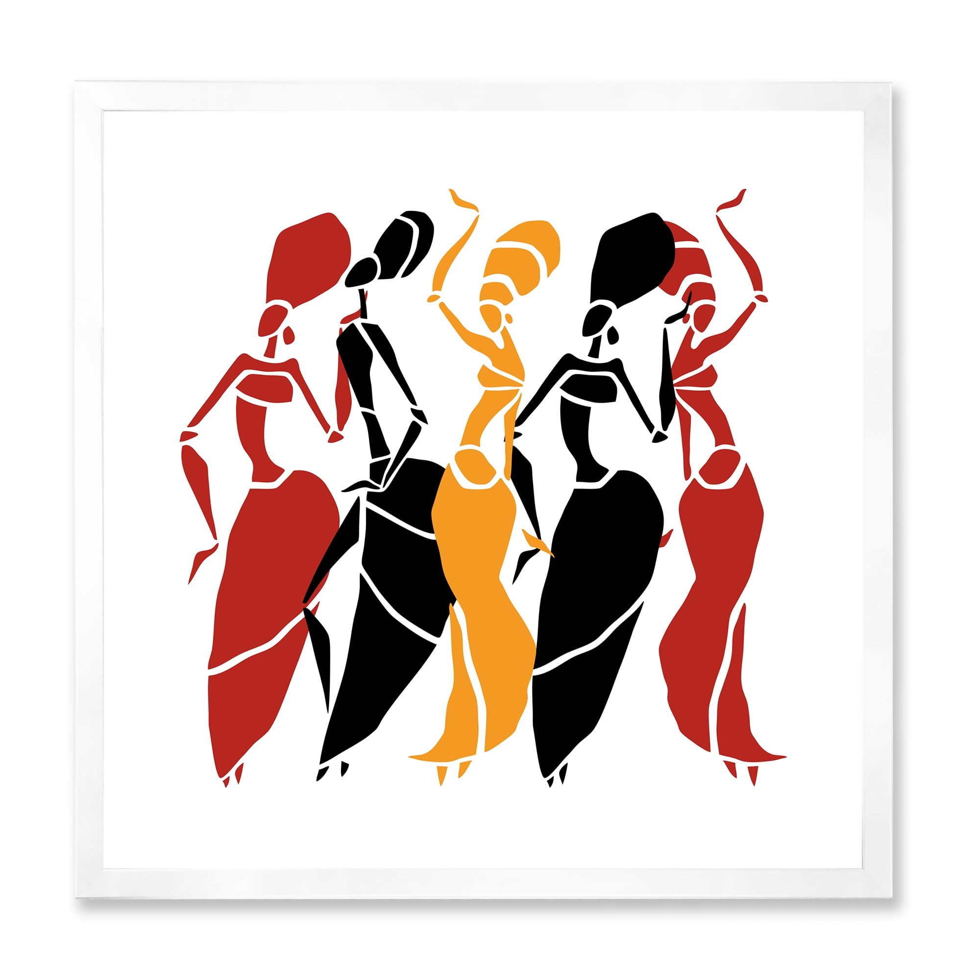 Designart 'Beautiful Red Black and Yellow Dancers Afro American Silhouettes' Modern Framed Art Print