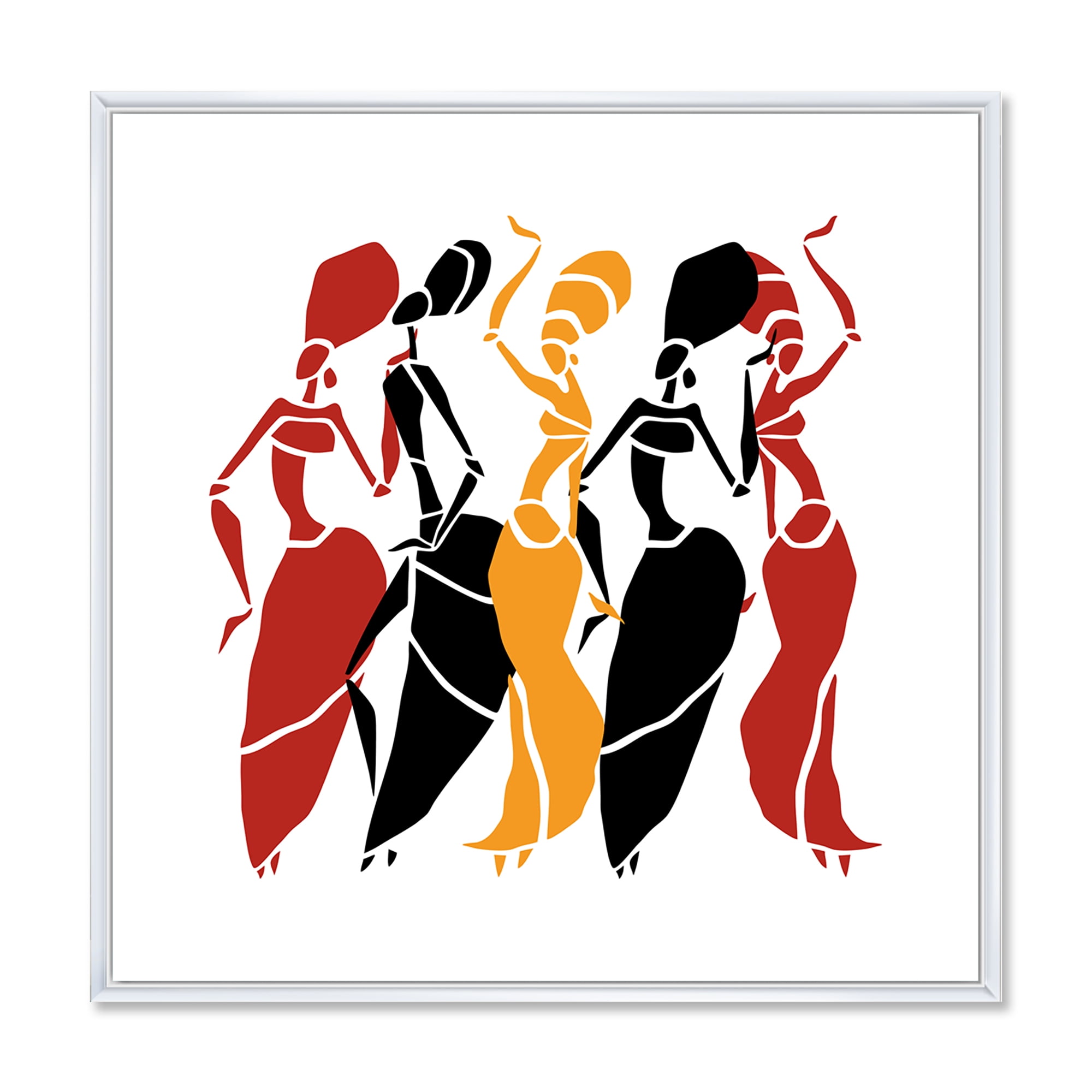 Designart 'Beautiful Red Black and Yellow Dancers Afro American Silhouettes' Modern Framed Canvas Wall Art Print