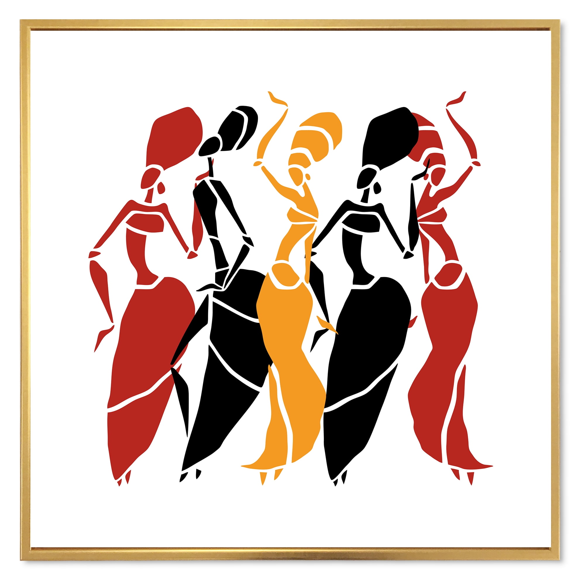 Designart 'Beautiful Red Black and Yellow Dancers Afro American Silhouettes' Modern Framed Canvas Wall Art Print