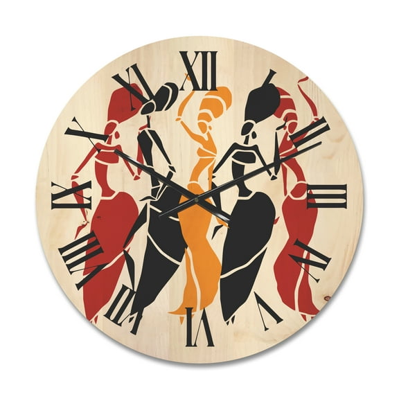 Designart 'Beautiful Red Black and Yellow Dancers Afro American Silhouettes' Modern Wood Wall Clock