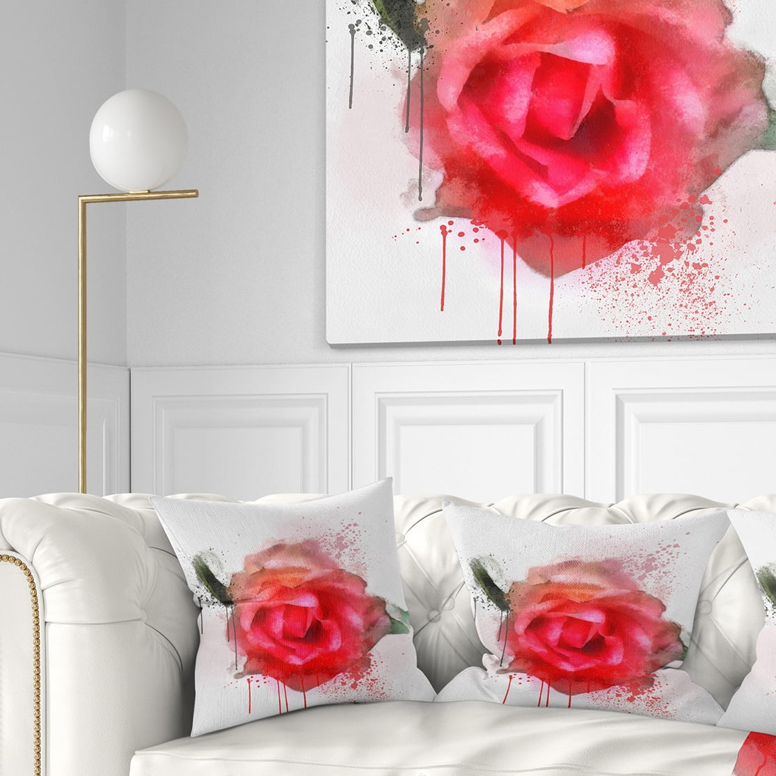Designart Beautiful Red Rose Watercolor - Floral Throw Pillow - 16x16
