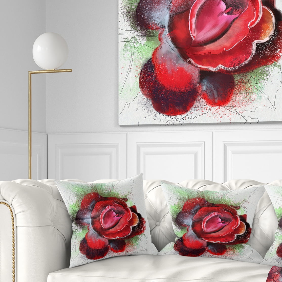 Designart Beautiful Red Rose with Green Shade - Floral Throw Pillow - 18x18