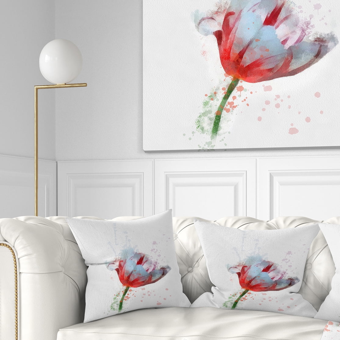 Designart Beautiful Red White Flower Sketch - Floral Throw Pillow - 16x16