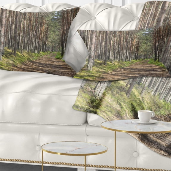 Designart Beautiful Road Through Thick Woods - Modern Forest Throw Pillow - 12x20