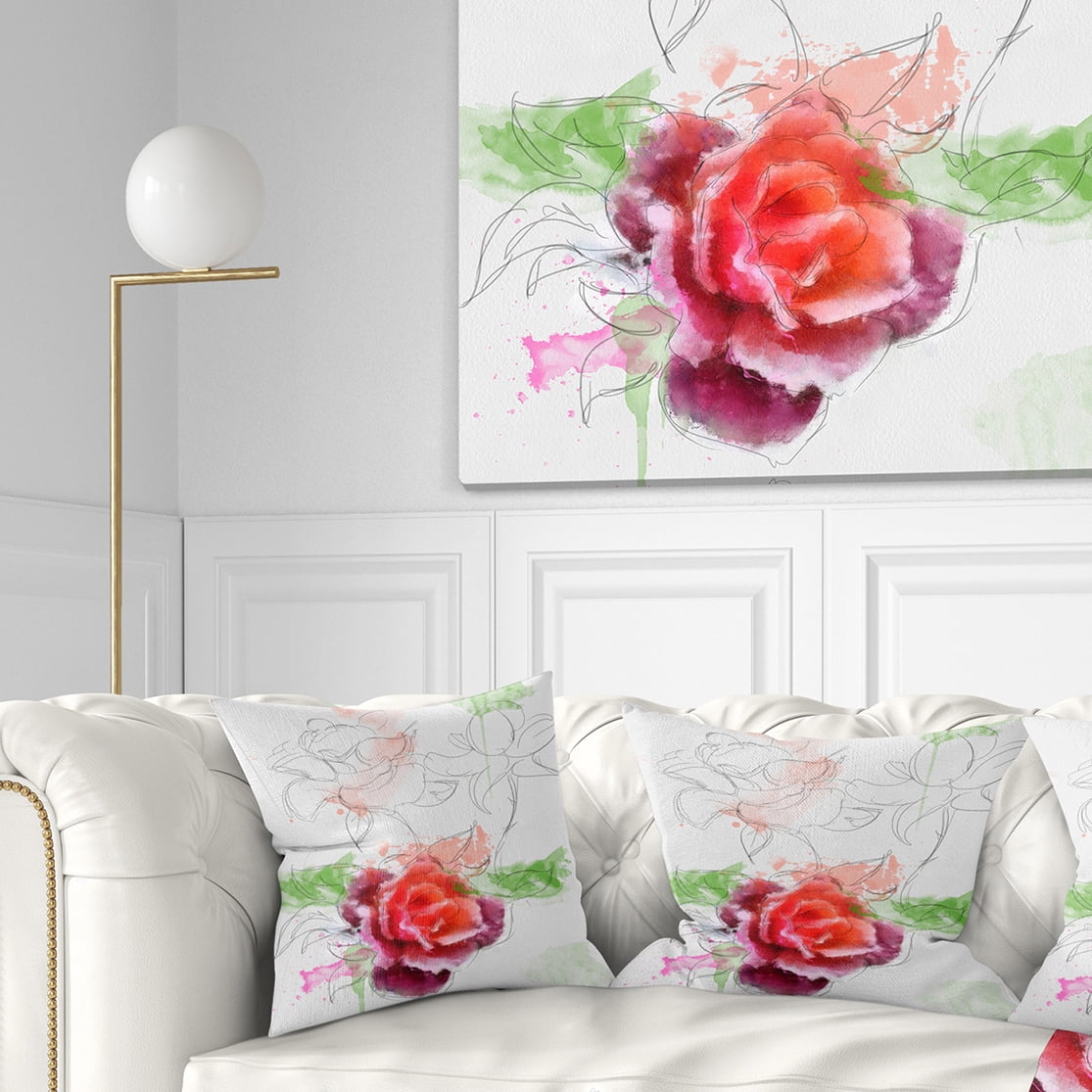 Designart Beautiful Rose with Rose Sketches - Floral Throw Pillow - 16x16