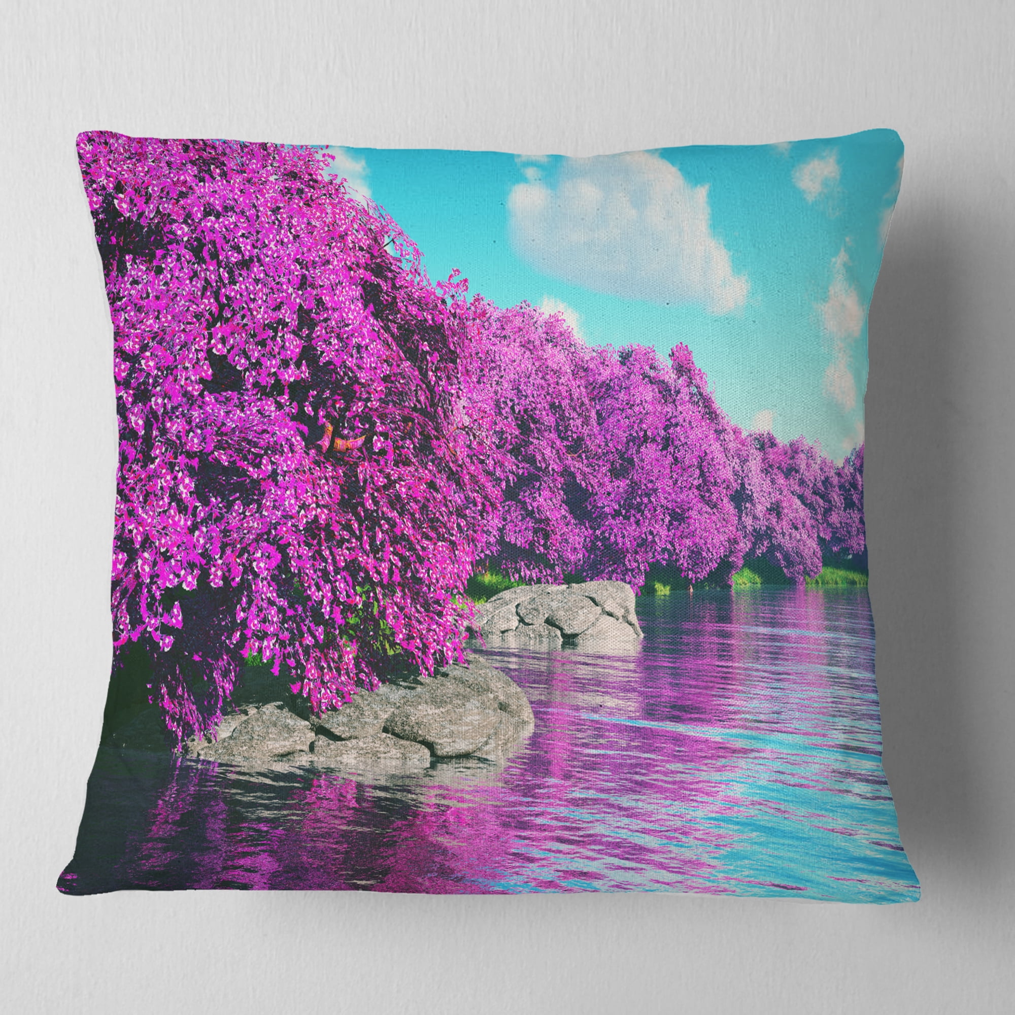 Designart Beautiful Row of Cherry Blossoms - Landscape Printed Throw Pillow - 18x18