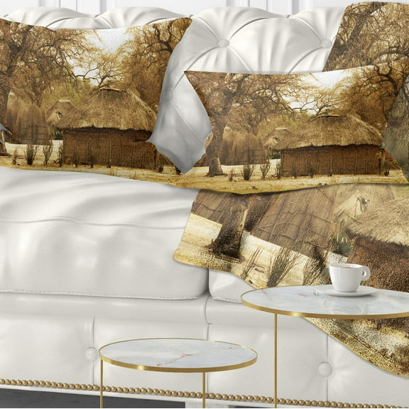 Designart Beautiful Rural African Huts - Landscape Printed Throw Pillow - 12x20
