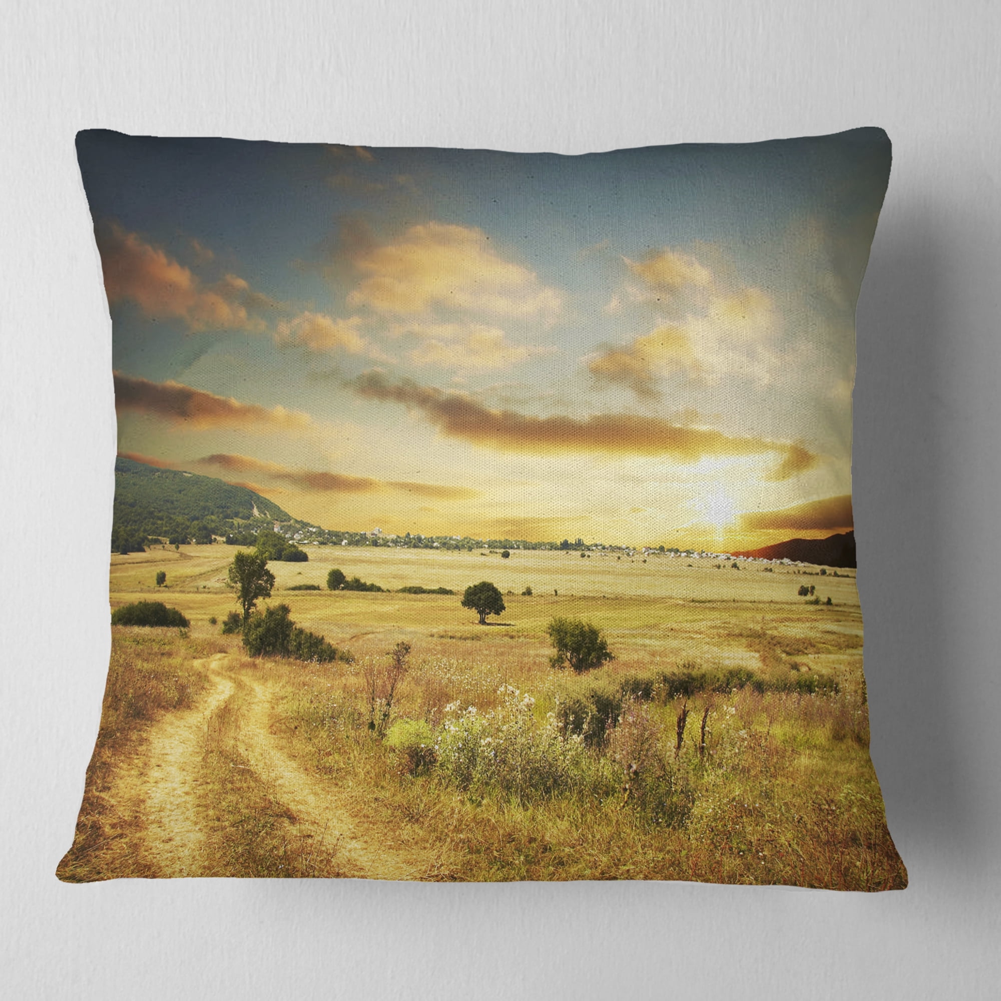 Designart Beautiful Rural Prairie Sunset - African Landscape Printed Throw Pillow - 16x16