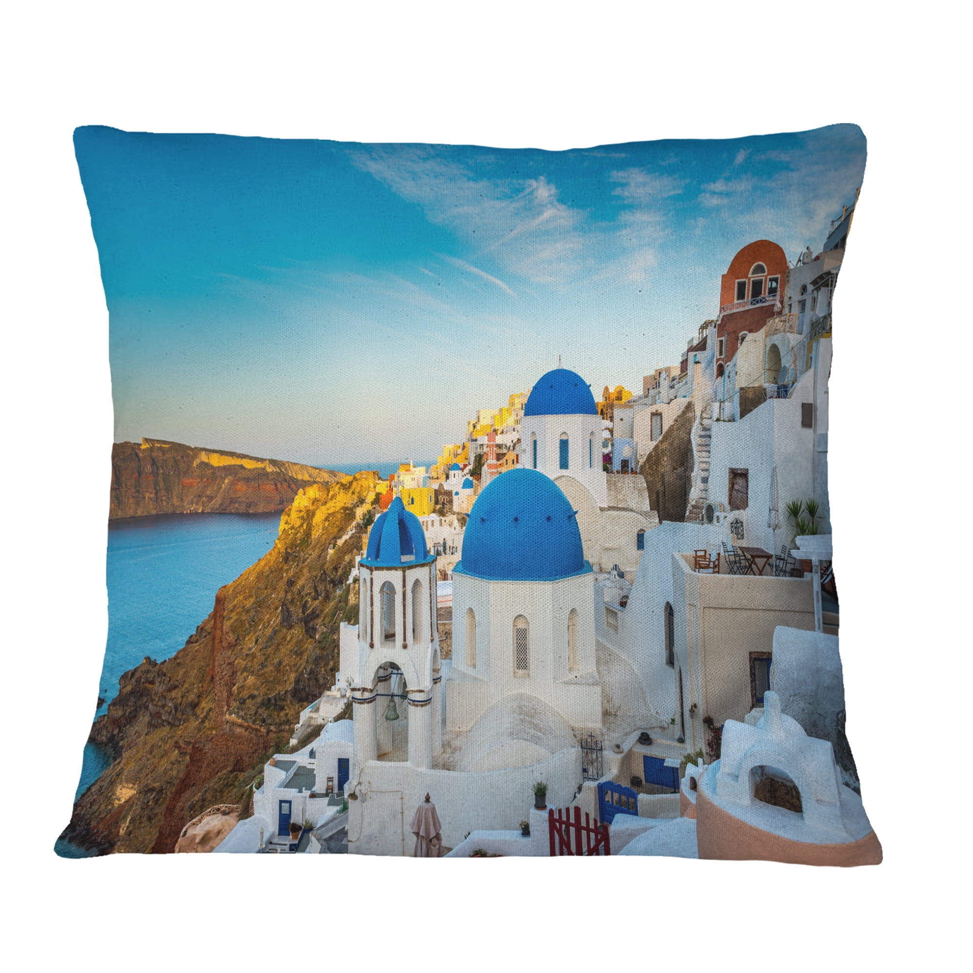Designart Beautiful Santorin Houses Greece - Cityscape Art Throw Pillow - 16x16