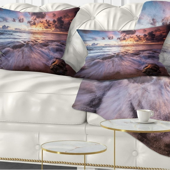 Designart Beautiful Sea Waves At Sunset - Beach Photo Throw Pillow - 12x20