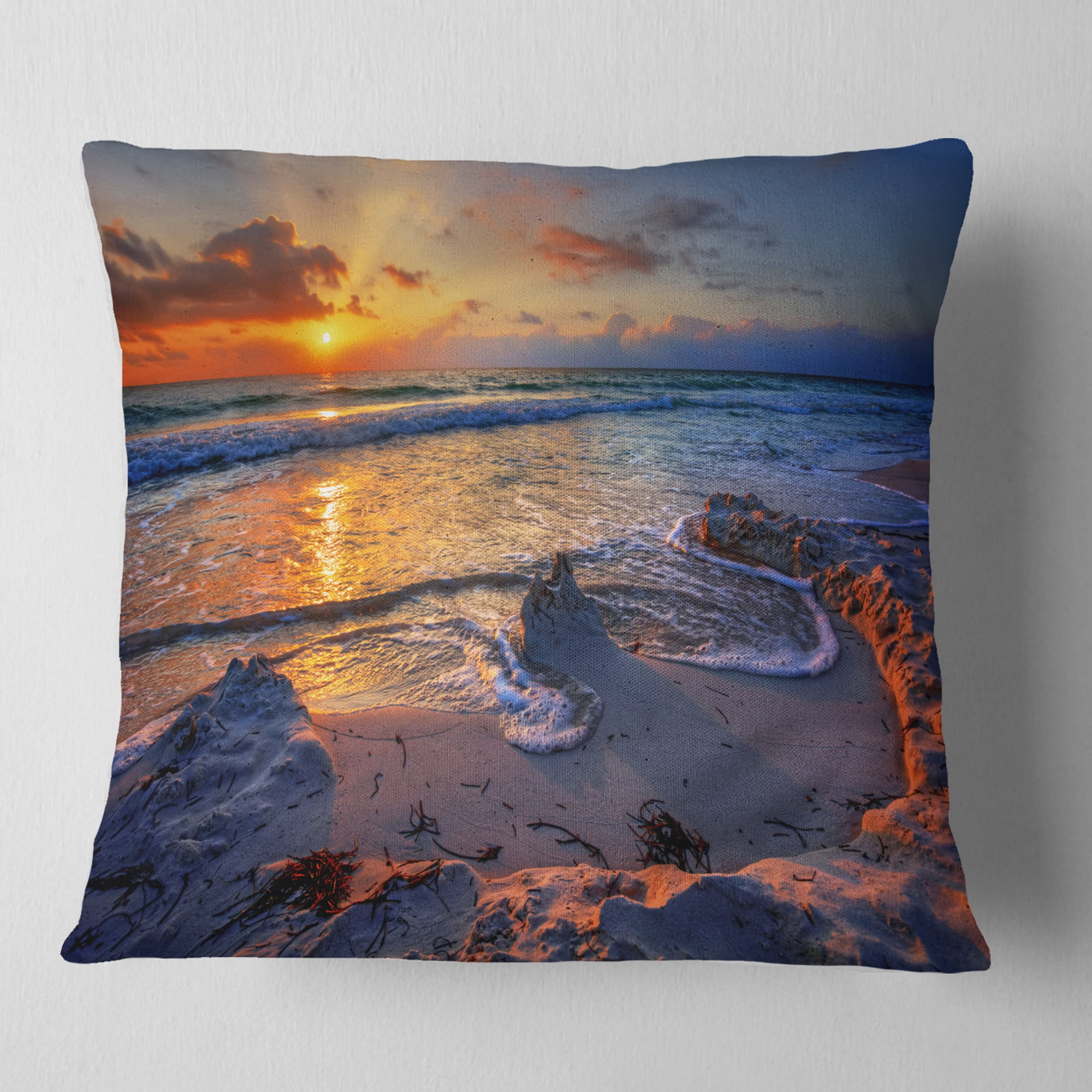 Designart Beautiful Seashore with Yellow Sun - Seashore Throw Pillow - 16x16