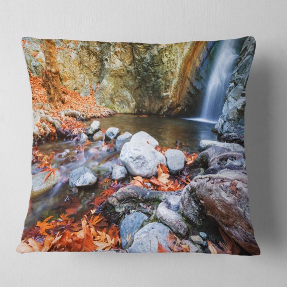 Designart Beautiful Serenity Waterfall in Cyprus - Landscape Wall Throw Pillow - 16x16