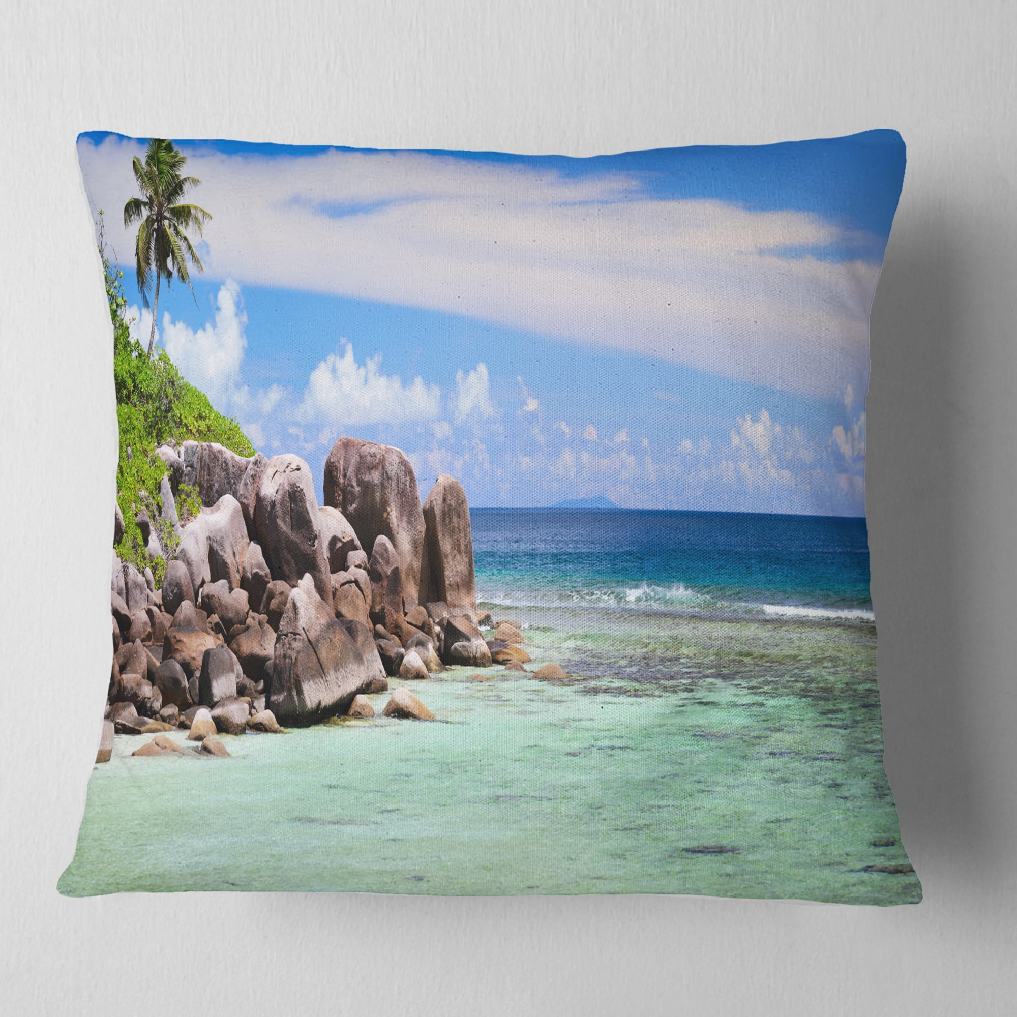 Designart Beautiful Seychelles Rocky Coast - Landscape Printed Throw Pillow - 18x18