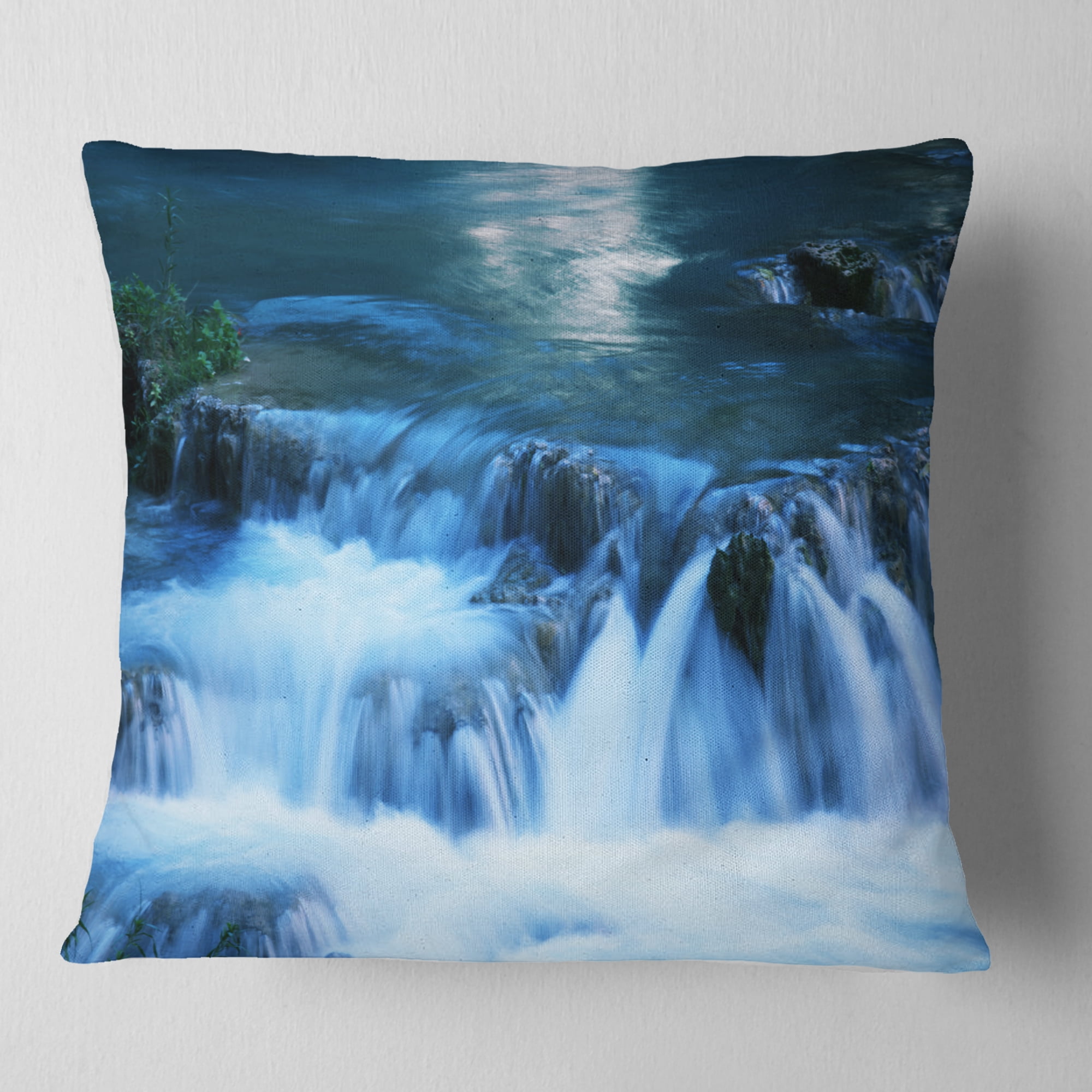 Designart Beautiful Small Blue Waterfalls - Landscape Wall Throw Pillow - 18x18