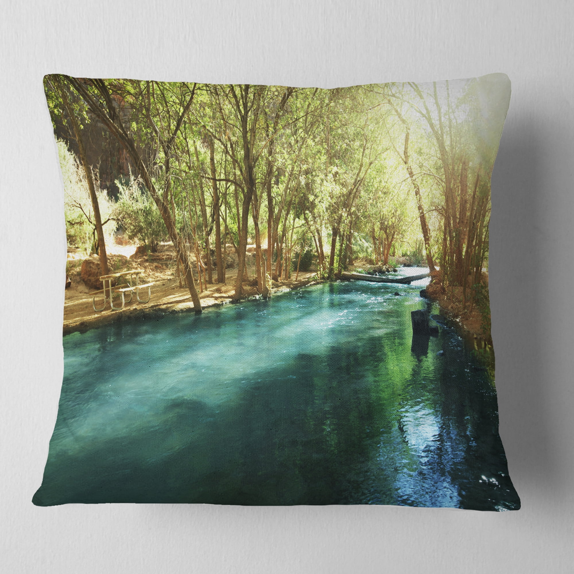 Designart Beautiful Small River in Forest - Landscape Printed Throw Pillow - 16x16