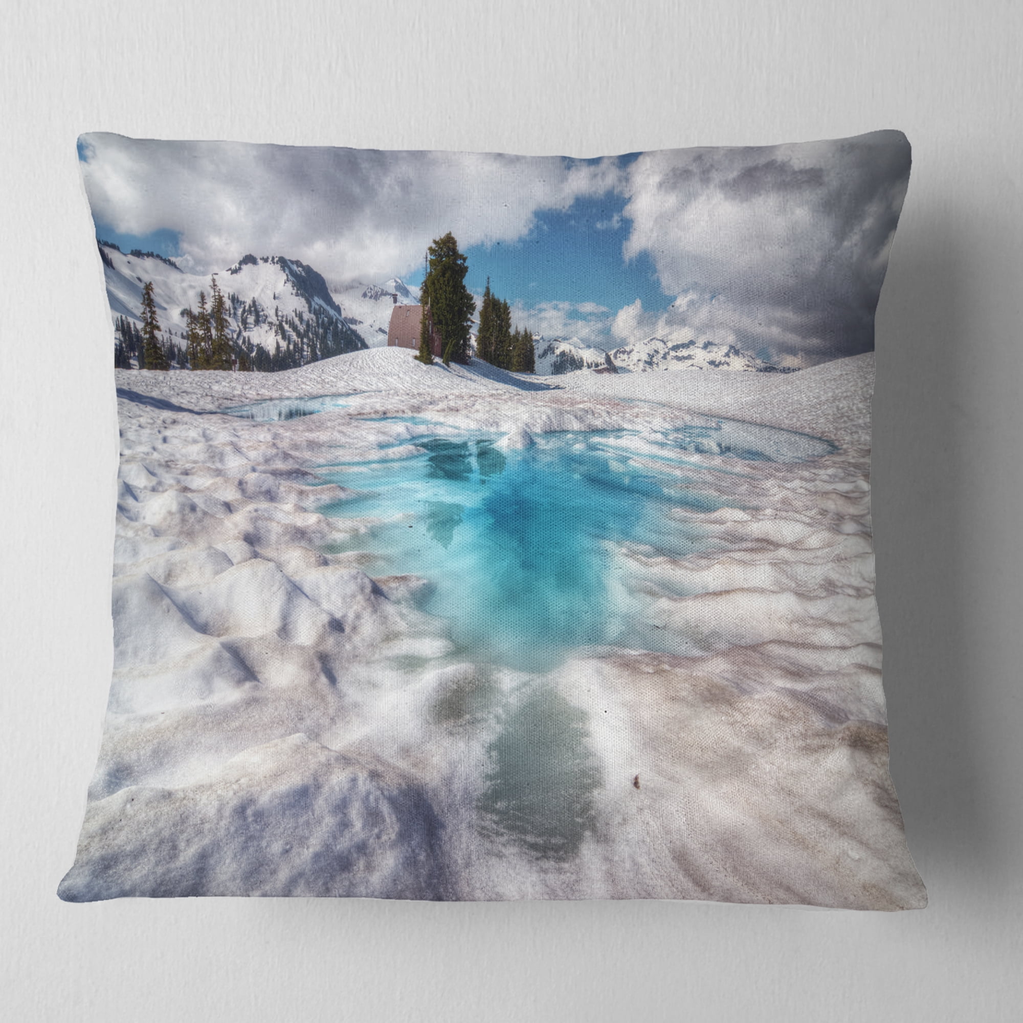 Designart Beautiful Snow Covered Lake - Landscape Printed Throw Pillow - 16x16