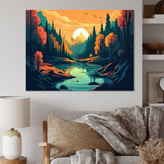 Designart "Beautiful Stream At Sunset I" Landscape Forest Wall Art Print