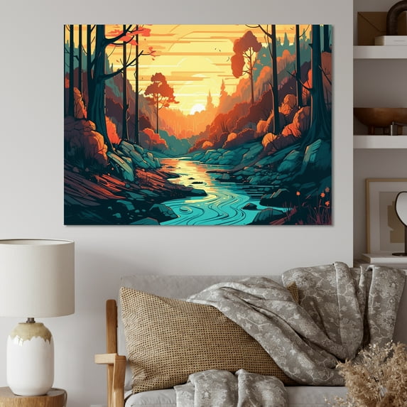 Designart "Beautiful Stream At Sunset III" Landscape Forest Wall Art For Bathroom