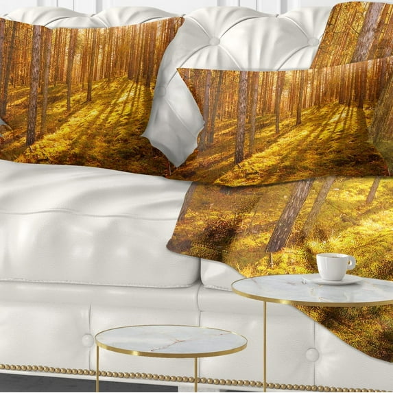 Designart Beautiful Sunrays in Thick Forest - Modern Forest Throw Pillow - 12x20