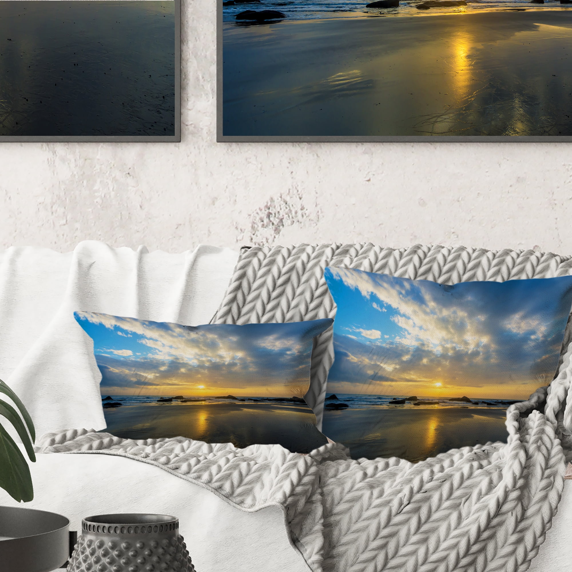 Designart Beautiful Sunrise and Seashore - Seashore Throw Pillow - 18x18