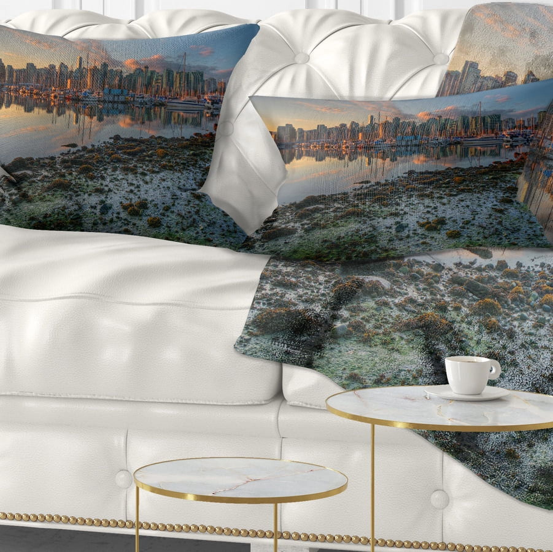 Designart Beautiful Sunrise at Vancouver Downtown - Seashore Throw Pillow - 12x20