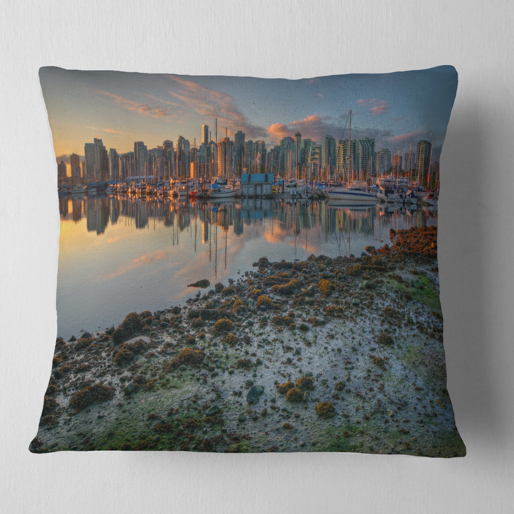 Designart Beautiful Sunrise at Vancouver Downtown - Seashore Throw Pillow - 16x16