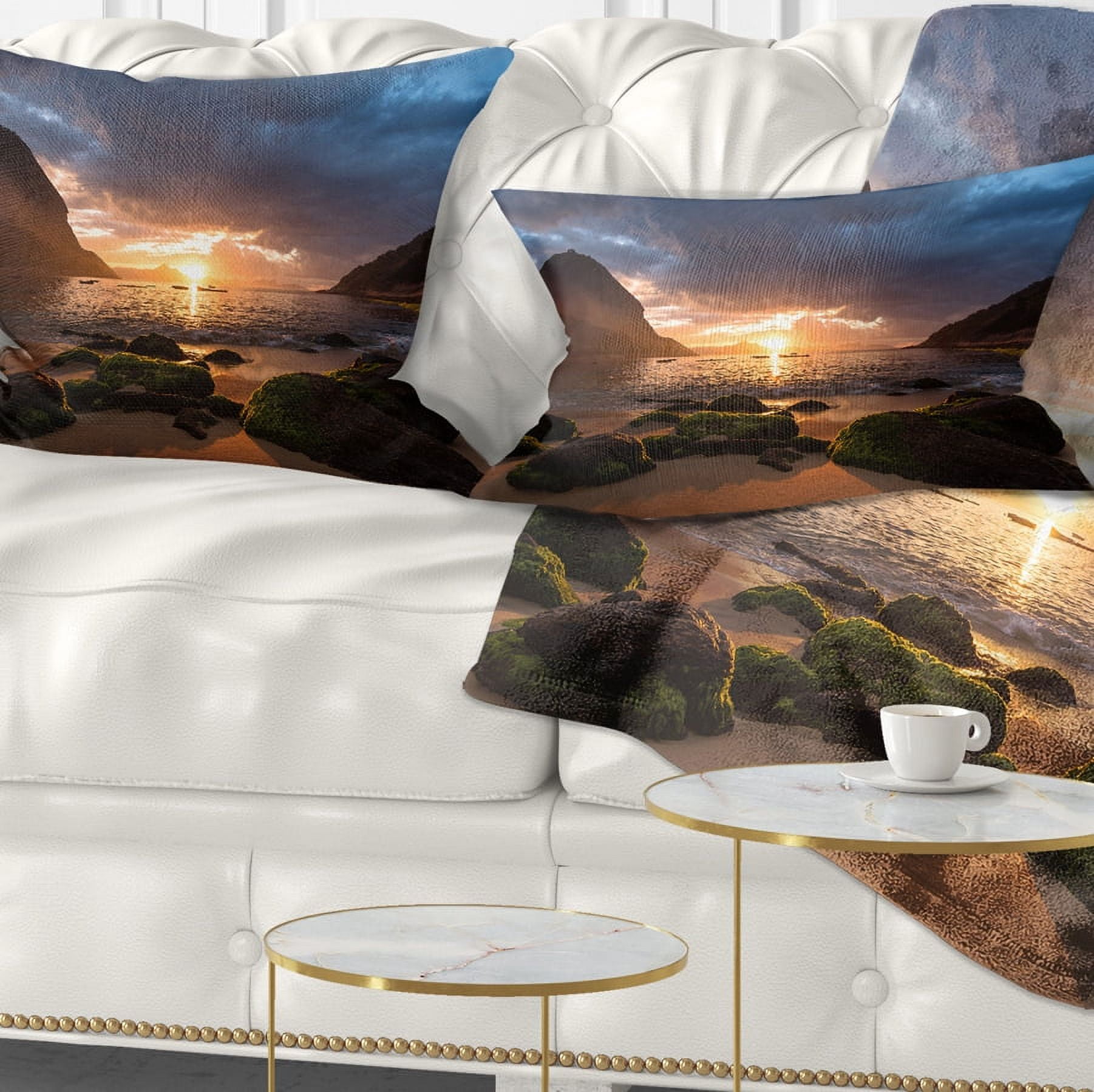 Designart Beautiful Sunrise in Red Seashore - Beach Throw Pillow - 12x20