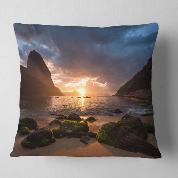 Designart Beautiful Sunrise in Red Seashore - Beach Throw Pillow - 16x16