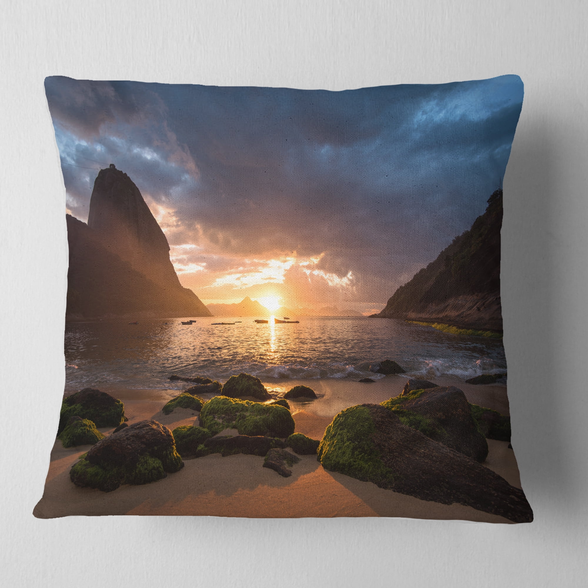Designart Beautiful Sunrise in Red Seashore - Beach Throw Pillow - 18x18