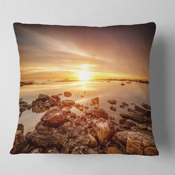 Designart Beautiful Sunset Over Rocky Beach - Seashore Throw Pillow - 16x16