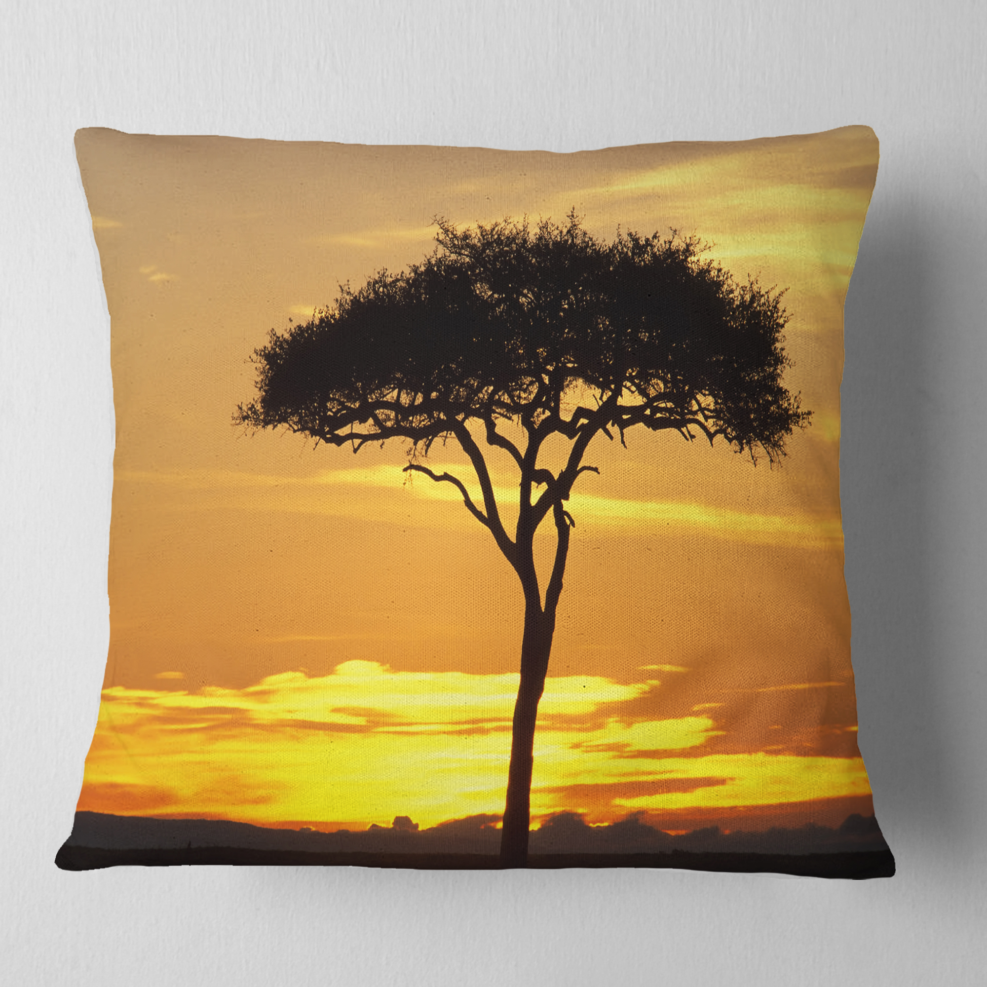 Designart Beautiful Sunset Through Acacia Tree - African Landscape Printed Throw Pillow - 16x16