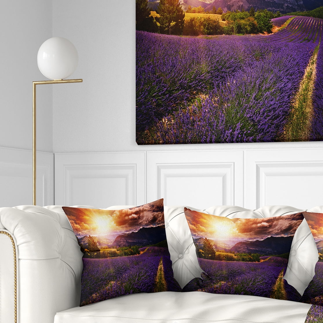 Designart Beautiful Sunset over Lavender Field - Floral Throw Pillow - 18x18