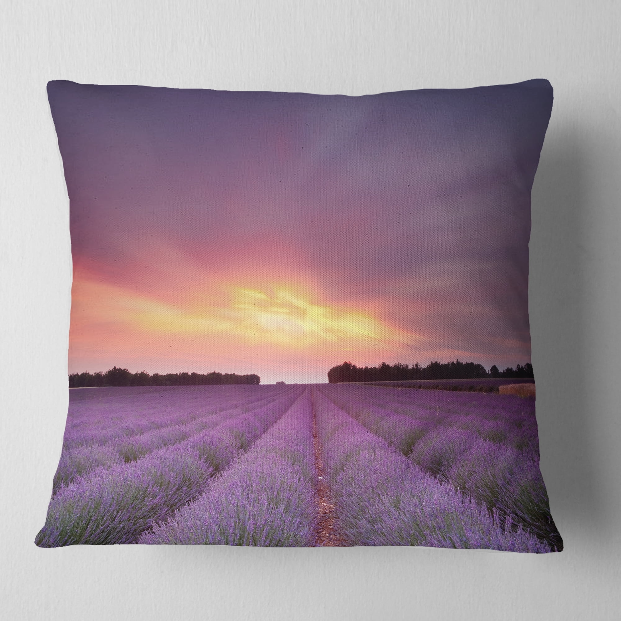 Designart Beautiful Sunset over Lavender Rows - Landscape Printed Throw Pillow - 16x16