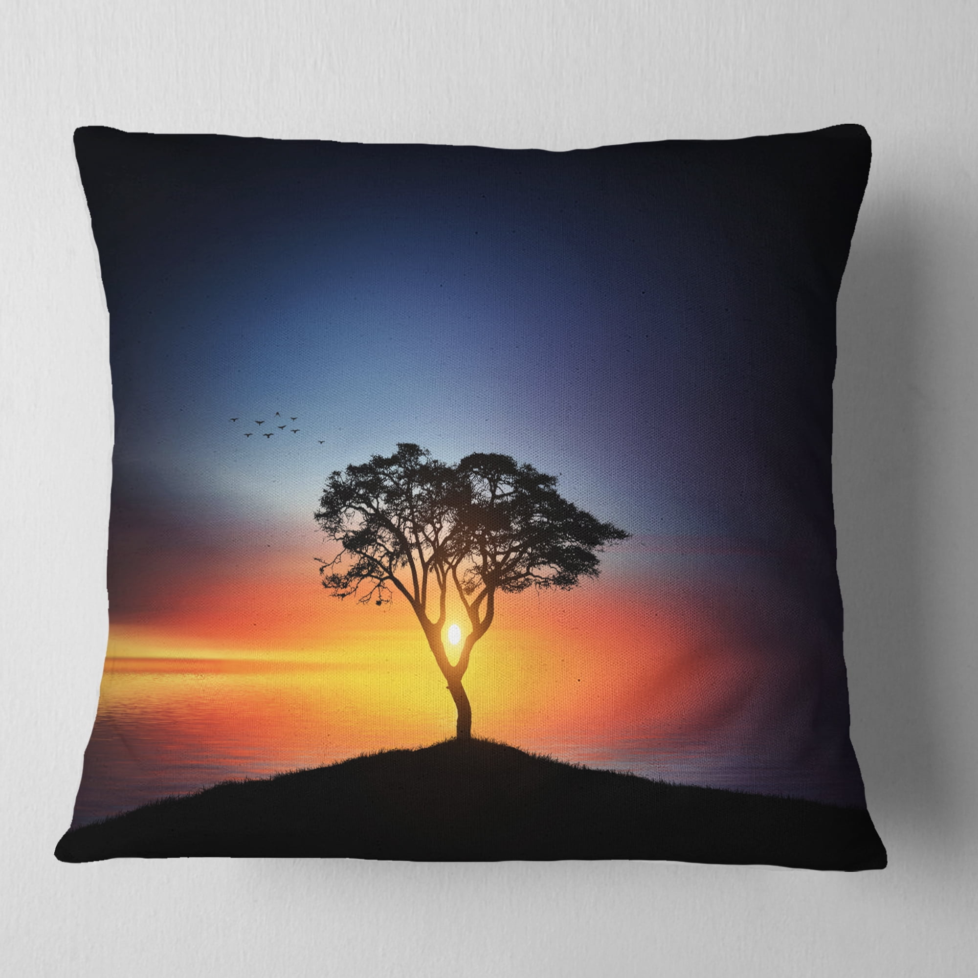 Designart Beautiful Sunset over Lonely Tree - Landscape Printed Throw Pillow - 18x18
